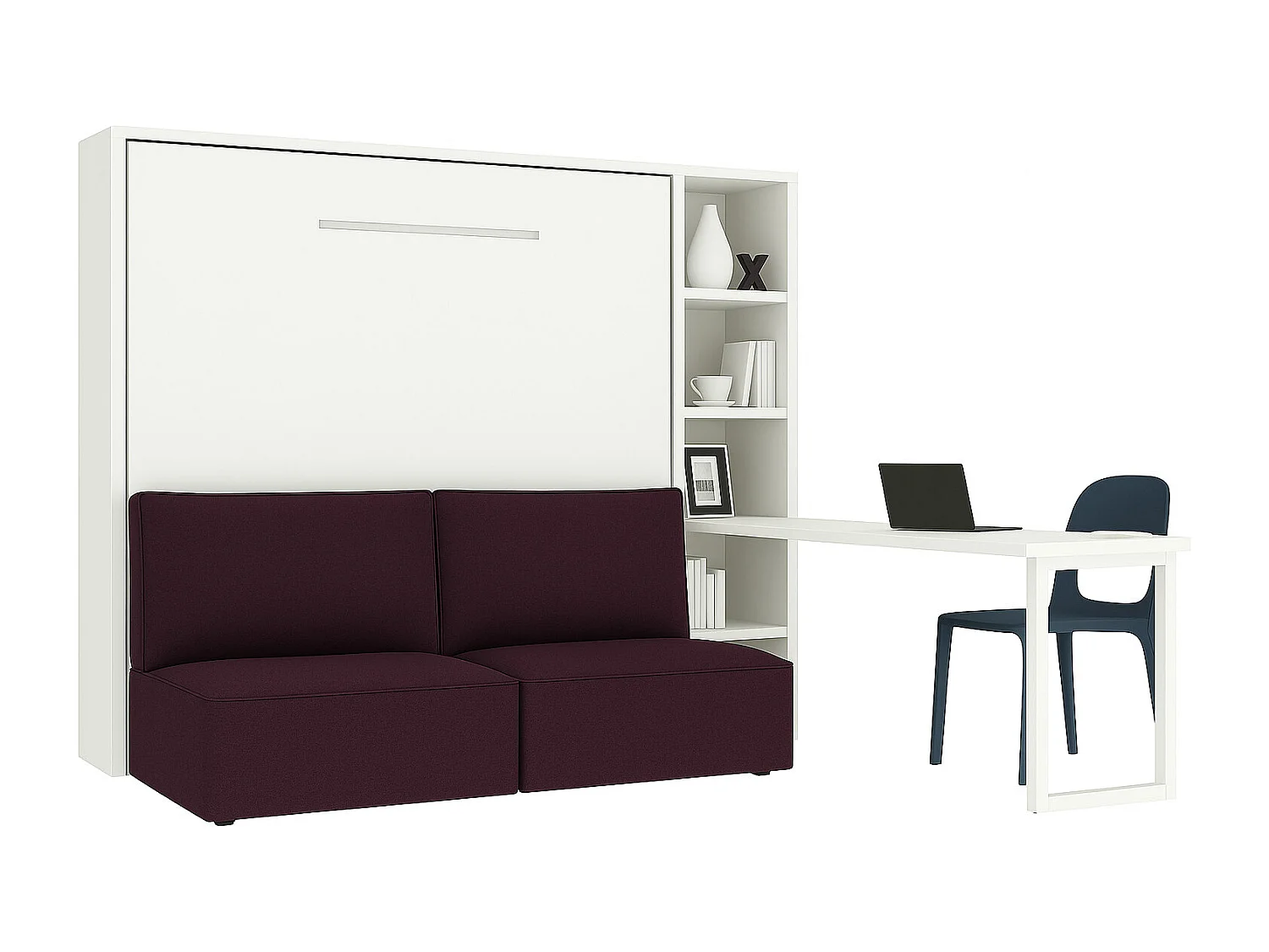 Lit escamotable horizontal LOGIA-140x200-Canapé Violet-Structure Blanche-Version lit+canapé+étagère+bureau