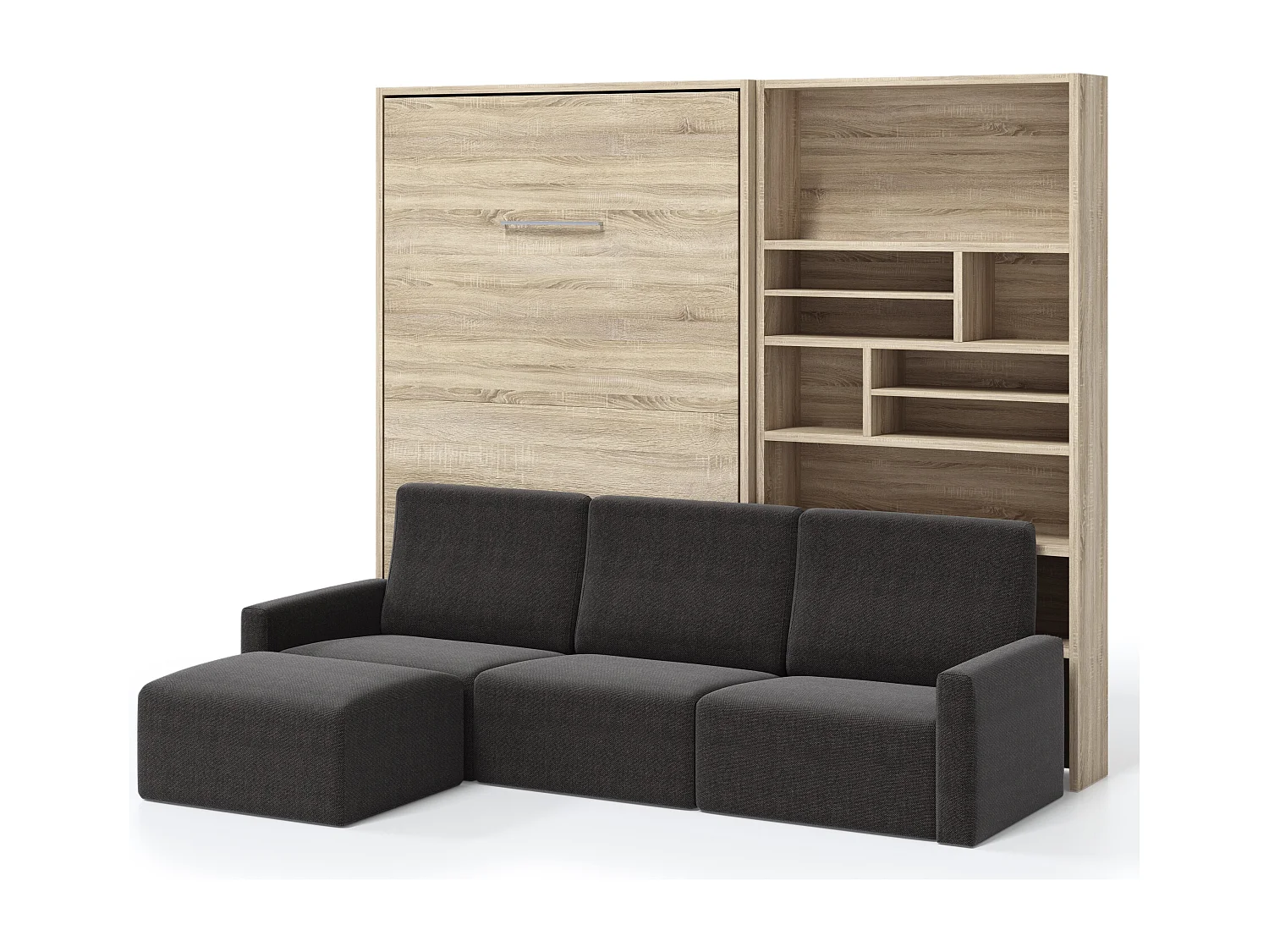Cama abatible vertical con librería y sofá rinconero Markal 140x190-Sofá Gris oscuro-Estructura y fachada Roble claro