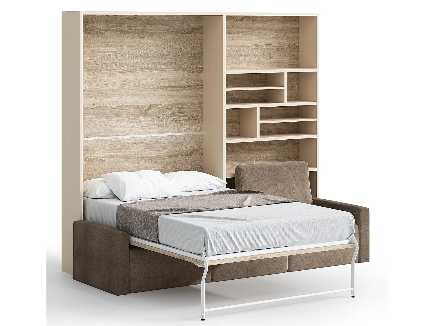 Cama abatible vertical con librería y sofá rinconero Markal 140x190-Sofá Gris oscuro-Estructura y fachada Roble claro