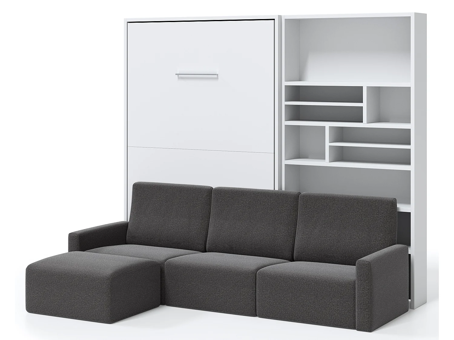 Cama abatible vertical con librería y sofá rinconero Markal 140x190-Sofá Gris oscuro-Estructura y fachada Roble claro