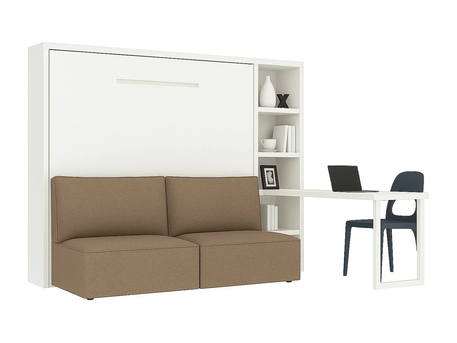 Cama abatible horizontal con banqueta LOGIA-140x190 cm-Sofá Marrón-Estructura y fachada Blanche-Versión cama+sofá+estantería+escritorio