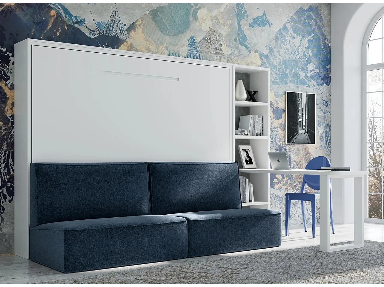 Horizontaal opklapbed met bank LOGIA-160x200cm-Bank marineblauw-Structuur en gevel Wit-Versie bed+bank+plank+bureau