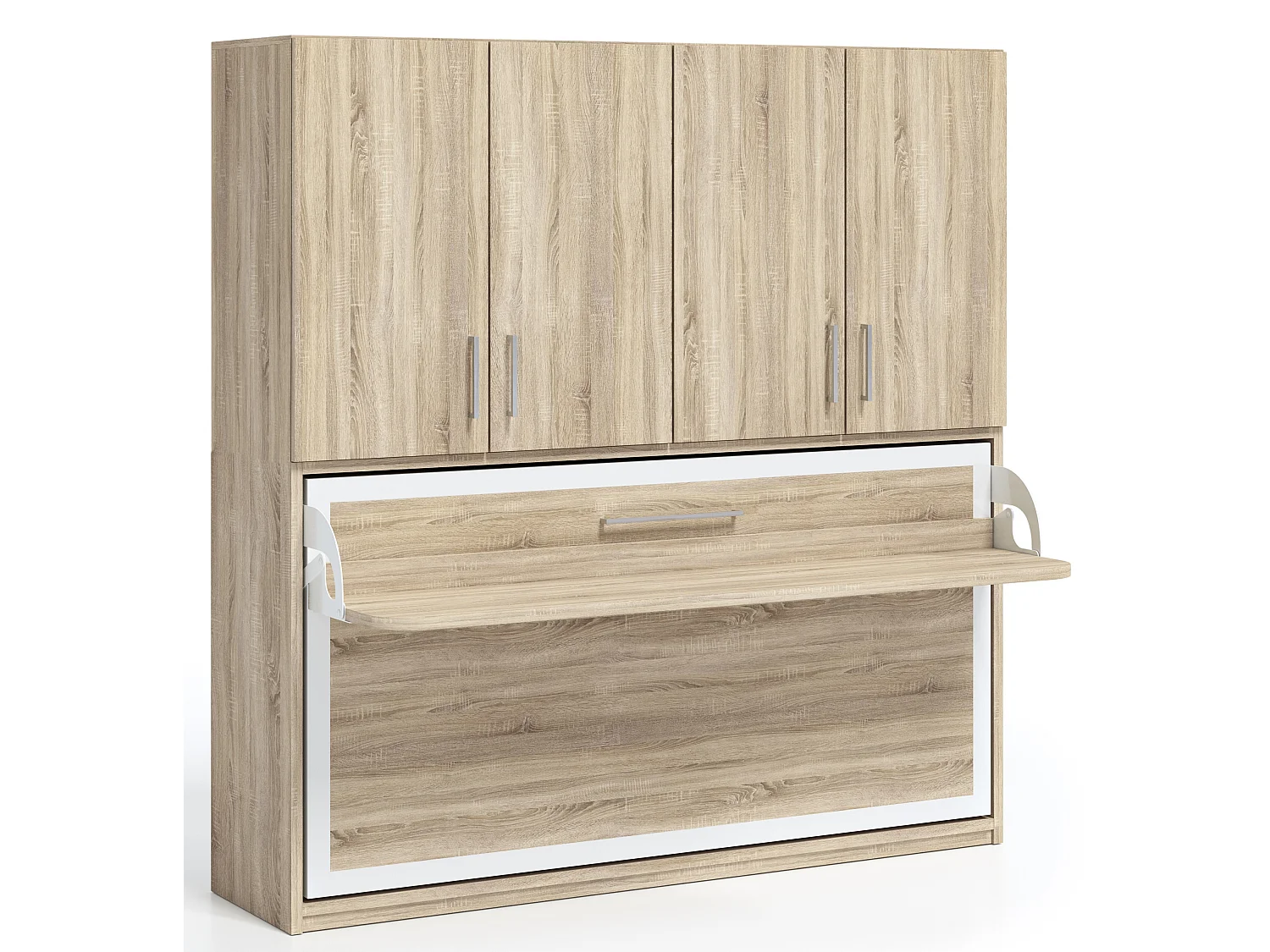 Lit escamotable horizontal 140x190 bureau et armoire 4 portes Spako-Gris béton-Avec matelas-Profondeur 34.5cm