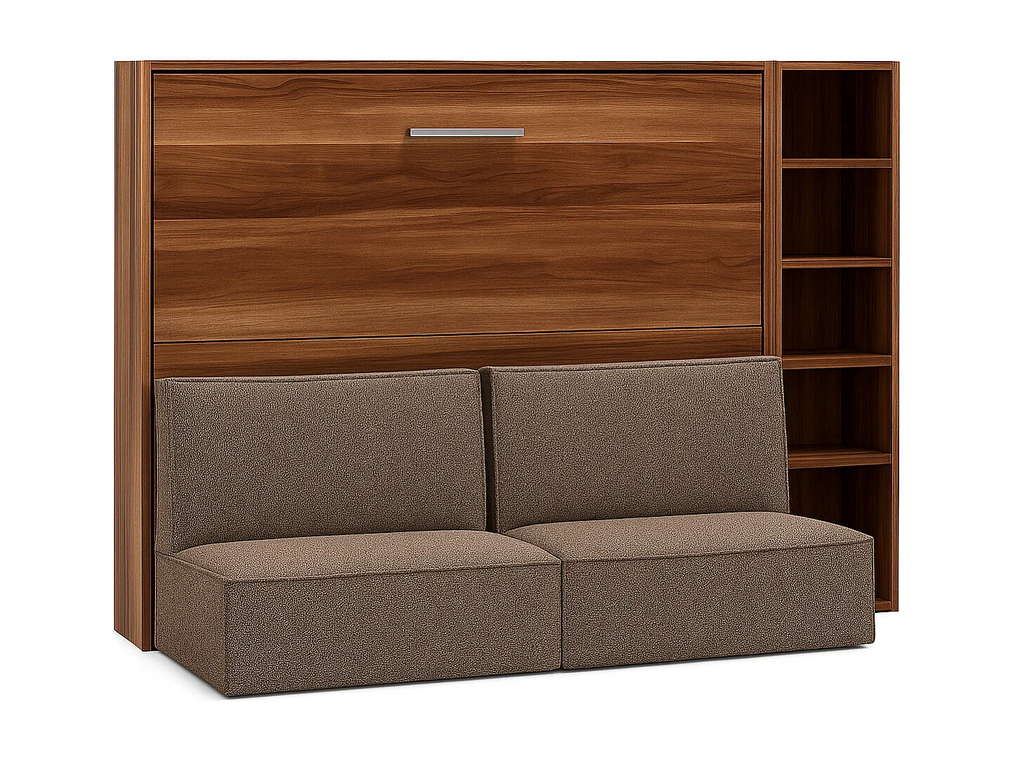 Cama abatible horizontal con banqueta LOGIA-160x200 cm-Sofá Camello-Estructura y fachada Nogal-Versión cama+sofá+estantería