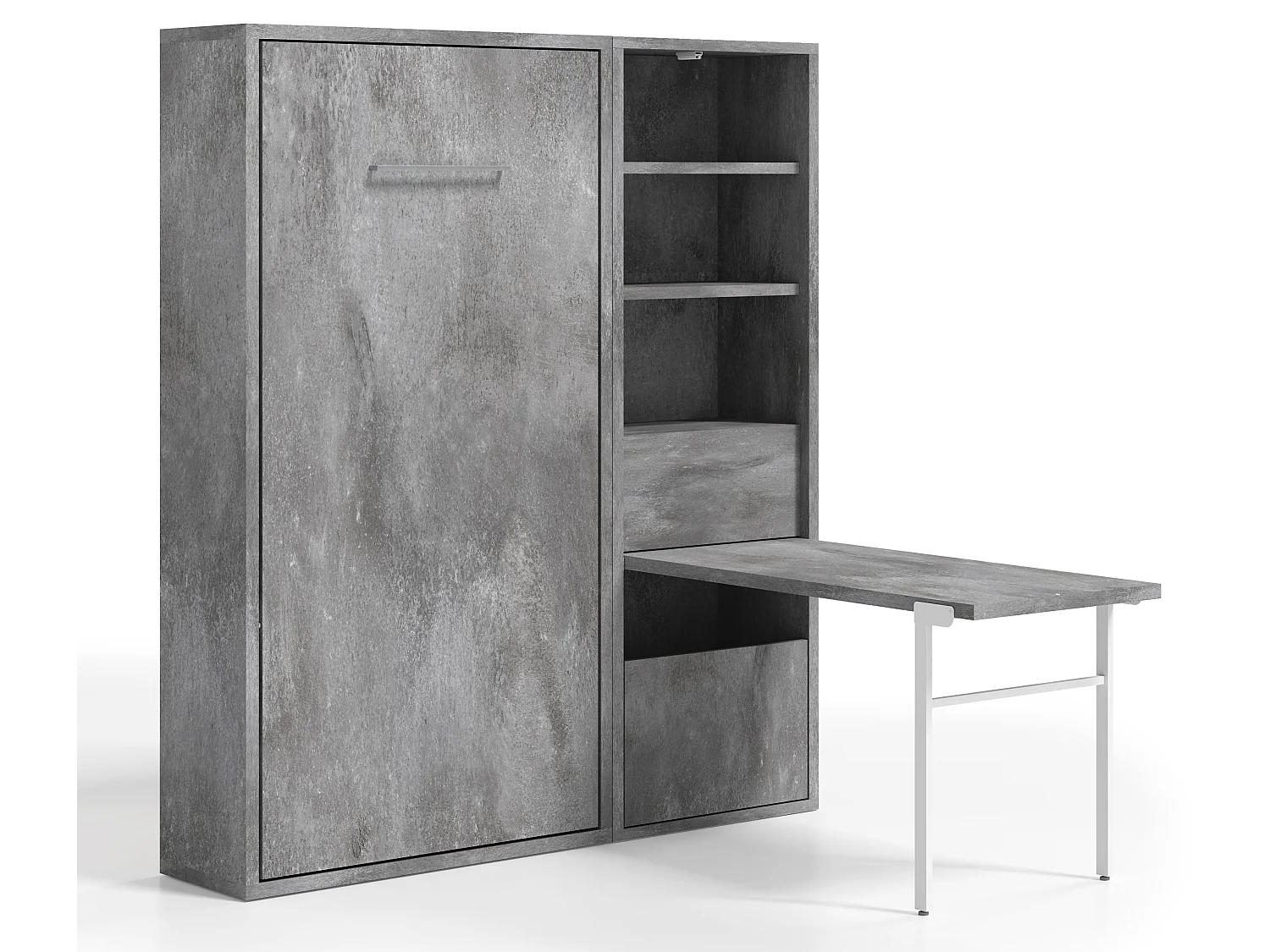 Lit escamotable vertical 140x200 avec armoire et bureau Kampo-Avec matelas-Cadre Gris ciment-Façade Gris ciment