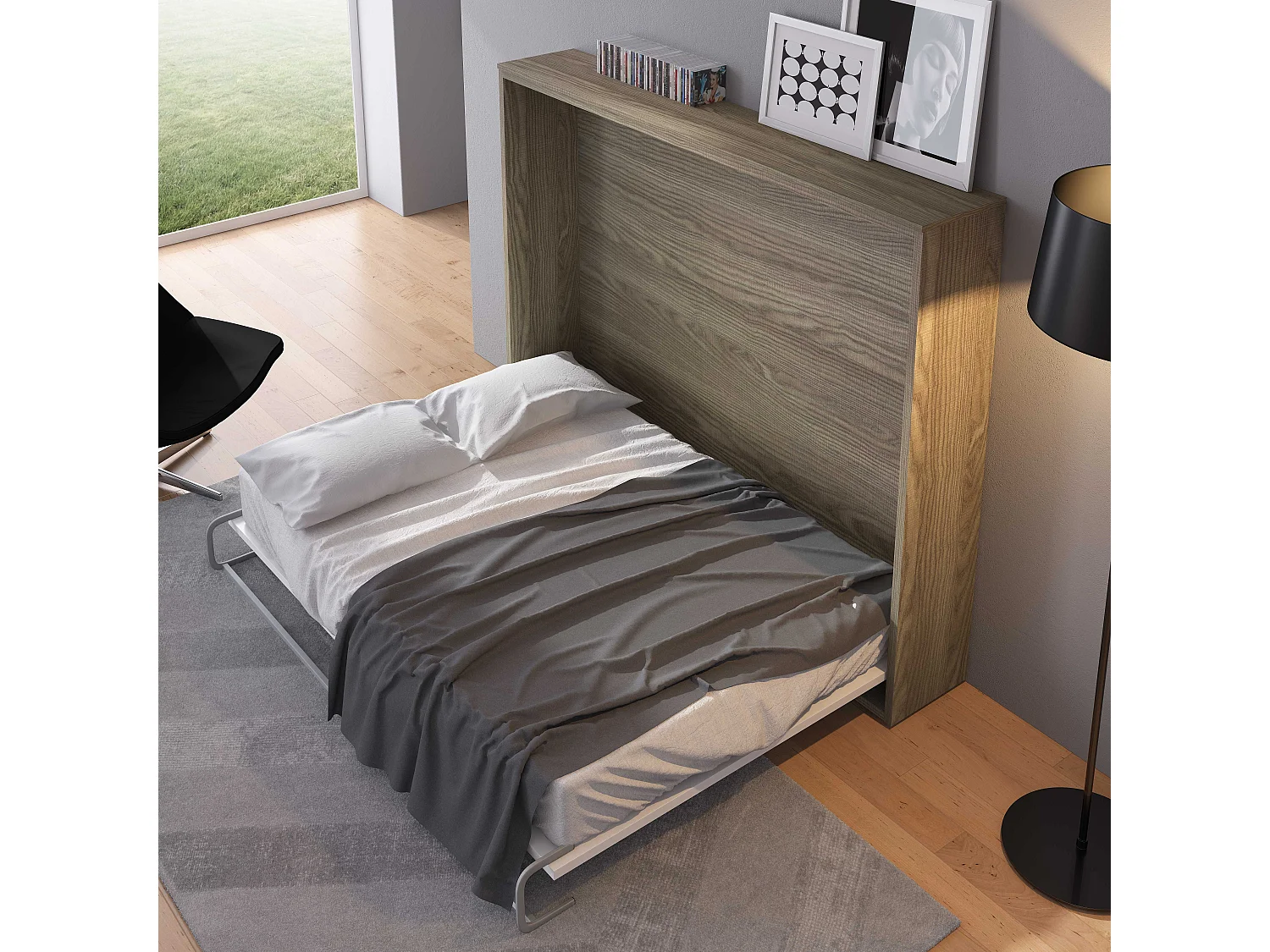 Lit escamotable horizontal 140x190 Molane-Avec matelas-Cadre Blanc-Façade Anthracite