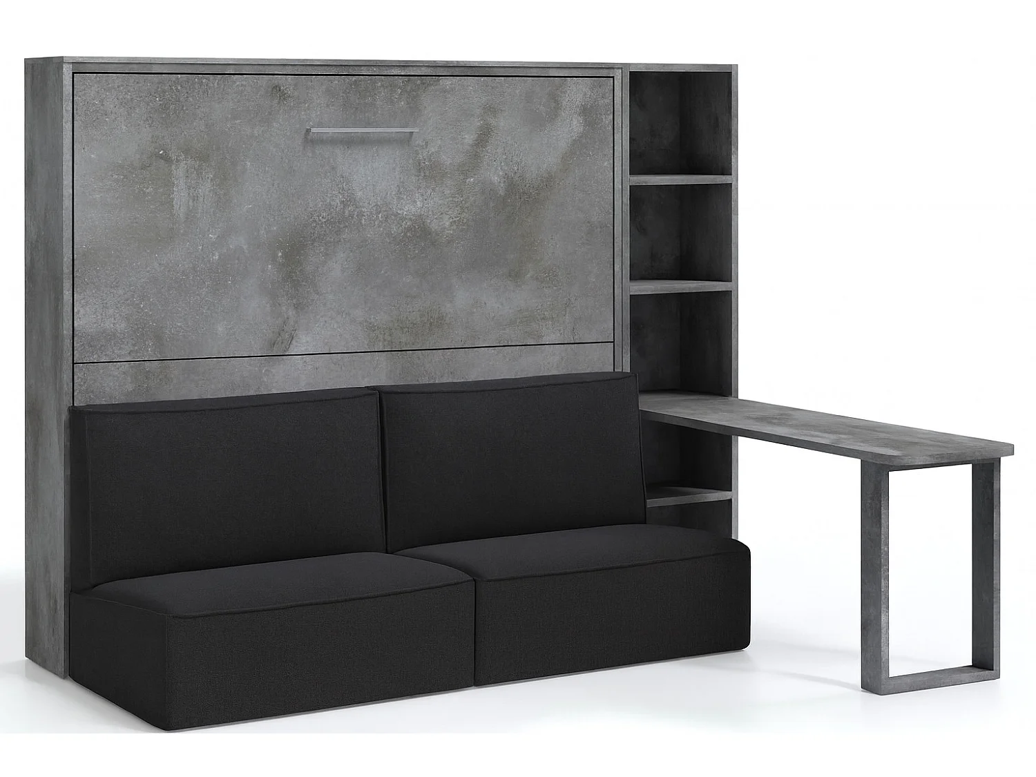 Lit escamotable horizontal LOGIA-160x200-Canapé Gris foncé-Structure Gris ciment-Version lit+canapé+étagère+bureau