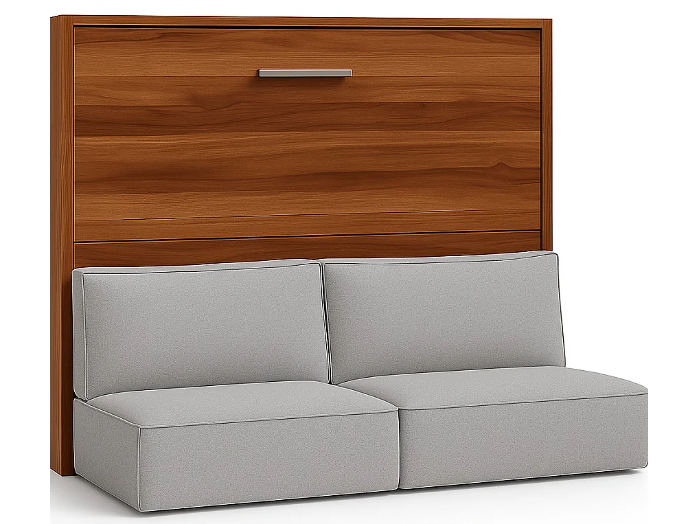 Lit escamotable horizontal LOGIA-160x200-Canapé Gris clair-Structure Noyer-Version lit+canapé+étagère+bureau