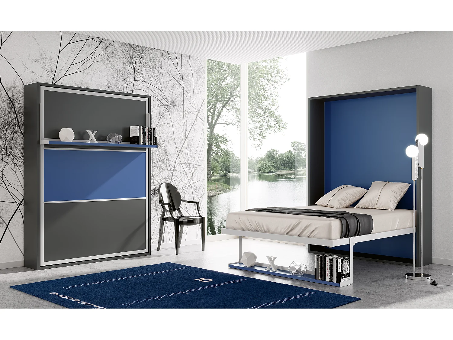 Lit escamotable vertical 90x190 avec étagère Habitat-Cadre Gris ciment-Façade Gris ciment