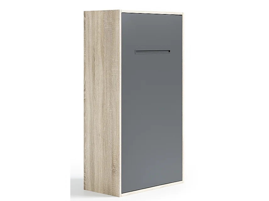 Kibou Cama abatible vertical de alta gama 160x200-Con colchón-Encofrado Gris antracita-Frente Roble claro