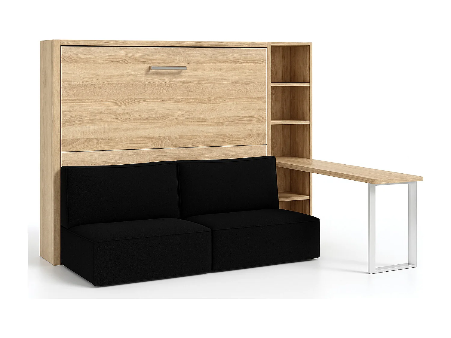 Lit escamotable horizontal LOGIA-140x190-Canapé Noir-Structure Chêne clair-Version lit+canapé+étagère+bureau