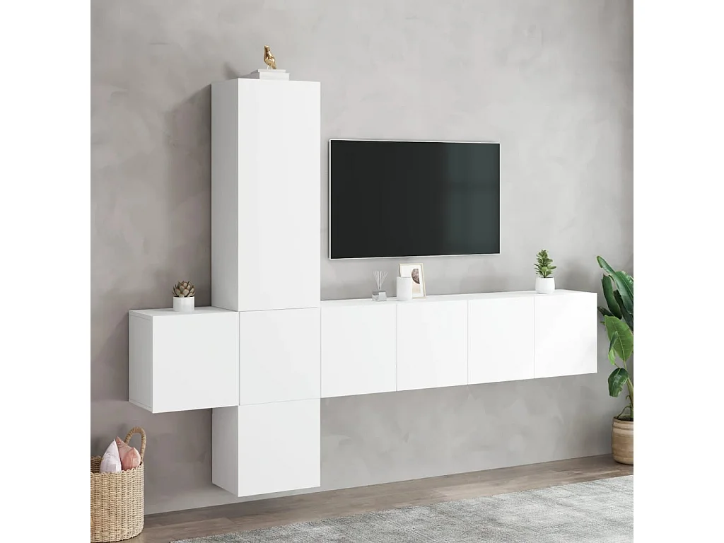 Unités murales TV 5 pcs blanc bois d'ingénierie