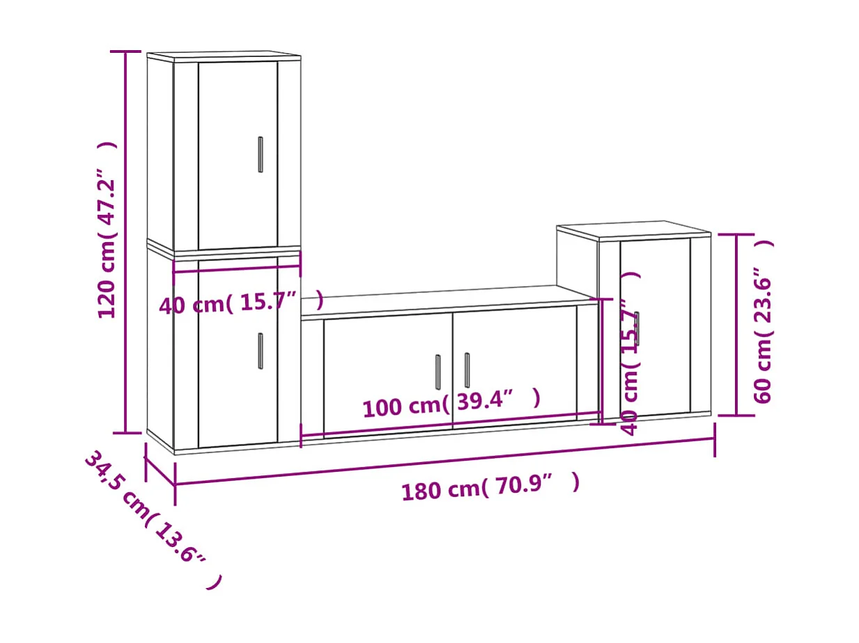 Ensemble de meubles TV 4 pcs Gris béton Bois d'ingénierie