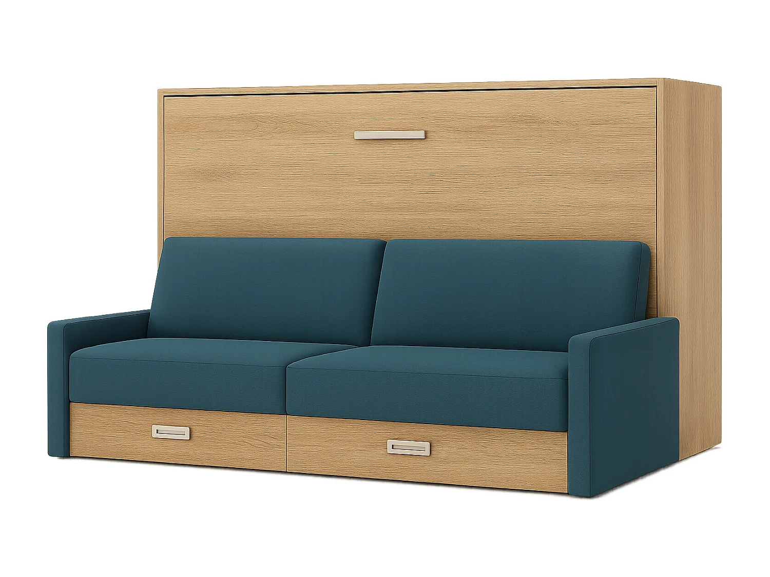 Lit escamotable horizontal avec canapé et rangement VETAL-120x200-Canapé Bleu canard-Structure Chêne clair