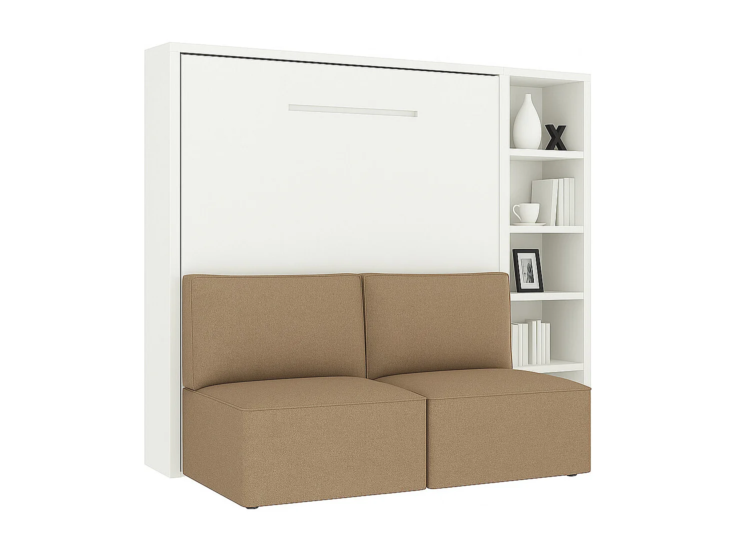 Lit escamotable horizontal LOGIA-160x200-Canapé Marron clair-Structure Blanche-Version lit+canapé+étagère