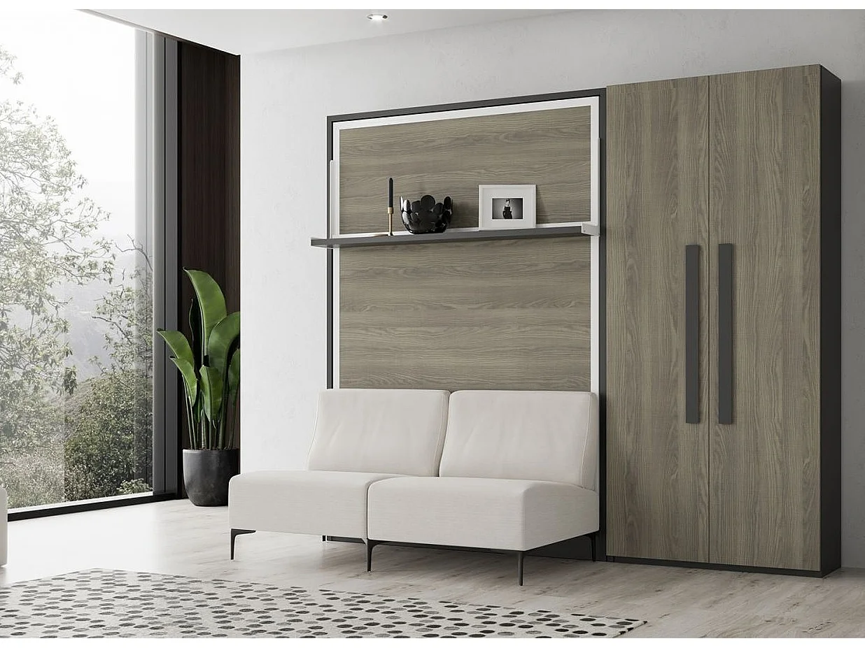 Lit escamotable verticale avec canapé et armoire Marko 140x190-Canapé Gris clair-Structure Chêne clair