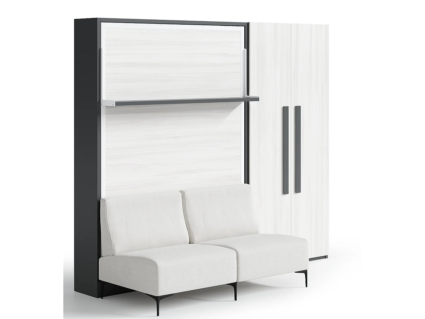 Lit escamotable verticale avec canapé et armoire Marko 140x190-Canapé Gris clair-Structure Chêne clair