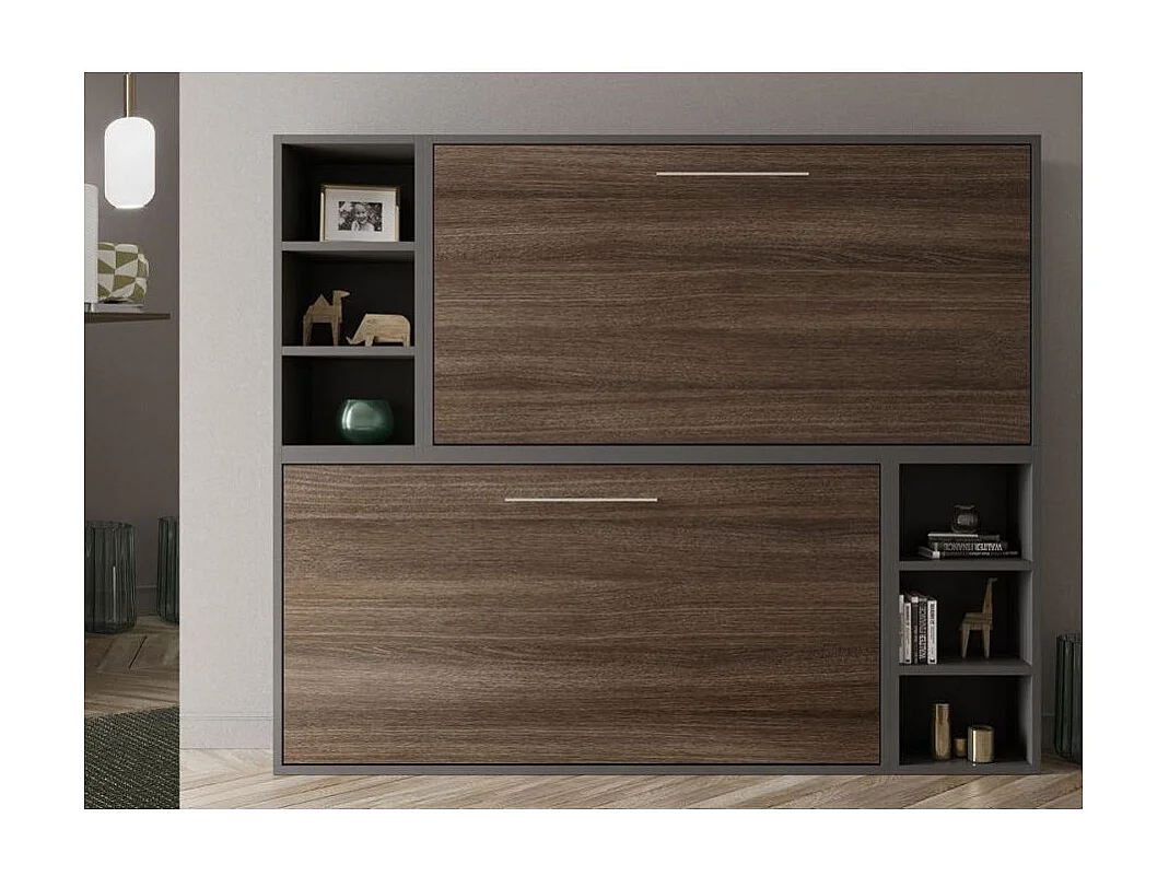 Lit escamotable superposé avec niches de rangement Briano-90x190-Cadre Noyer-Façade Noyer