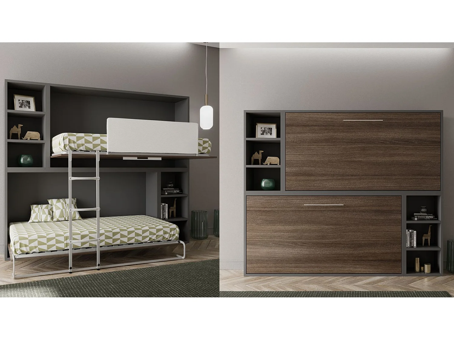Lit escamotable superposé avec niches de rangement Briano-90x190-Cadre Noyer-Façade Noyer