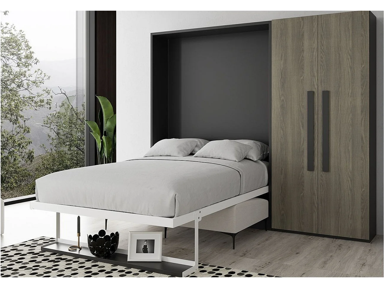 Lit escamotable verticale avec canapé et armoire Marko 140x190-Canapé Beige-Structure Gris ciment