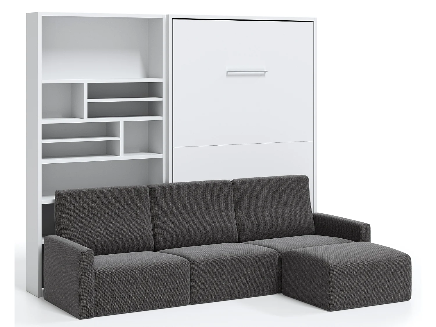Cama abatible vertical con librería y sofá rinconero Markal 140x190-Sofá Gris oscuro-Estructura y fachada Roble blanco