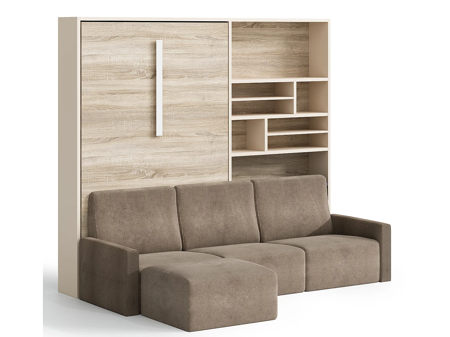 Cama abatible vertical con librería y sofá rinconero Markal 140x190-Sofá Gris oscuro-Estructura y fachada Roble blanco