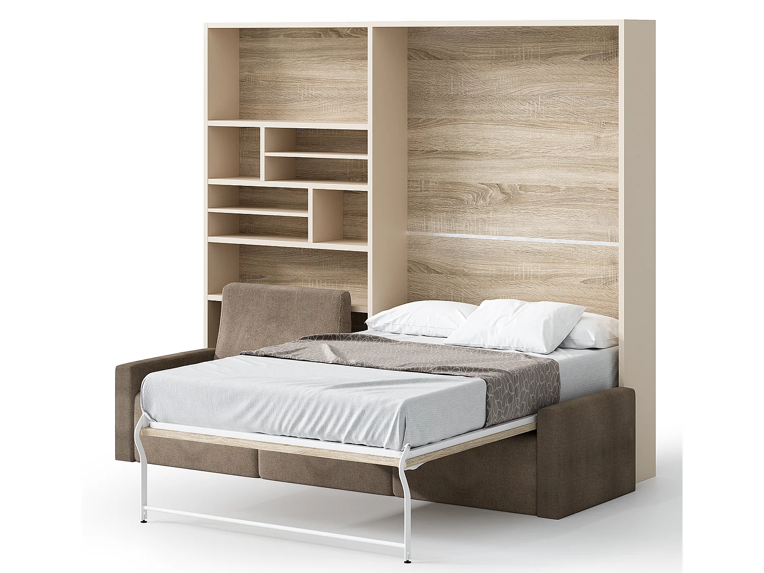 Cama abatible vertical con librería y sofá rinconero Markal 140x190-Sofá Gris oscuro-Estructura y fachada Roble blanco