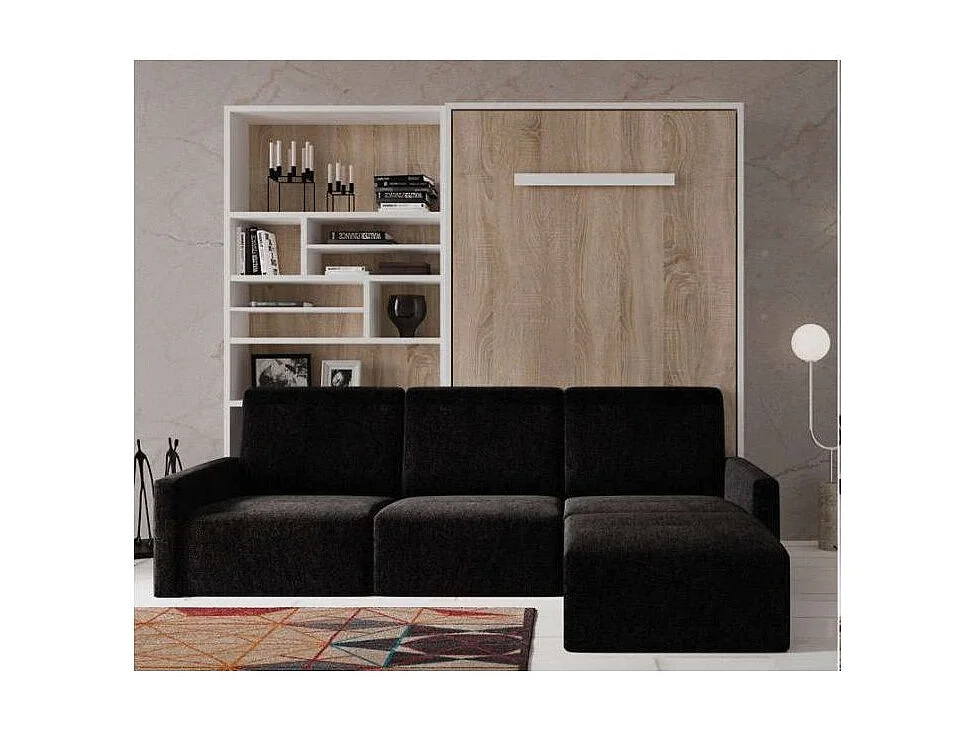 Cama abatible vertical con librería y sofá rinconero Markal 140x190-Sofá Gris oscuro-Estructura y fachada Roble blanco