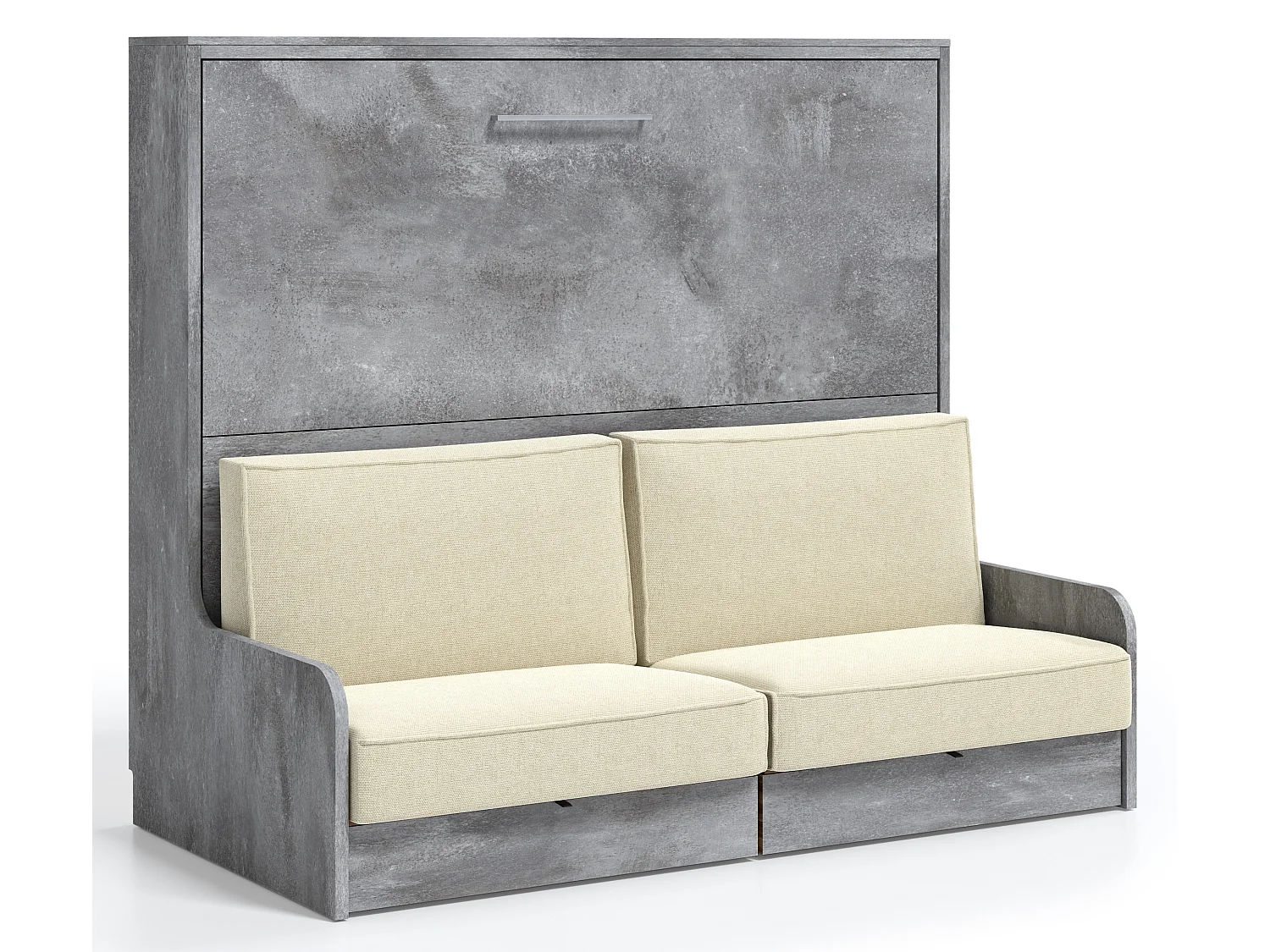Lit escamotable autoporteur horizontal avec banquette et coffre KALIAN-140x190-Cadre Gris ciment-Façade Gris ciment-Canapé Beige