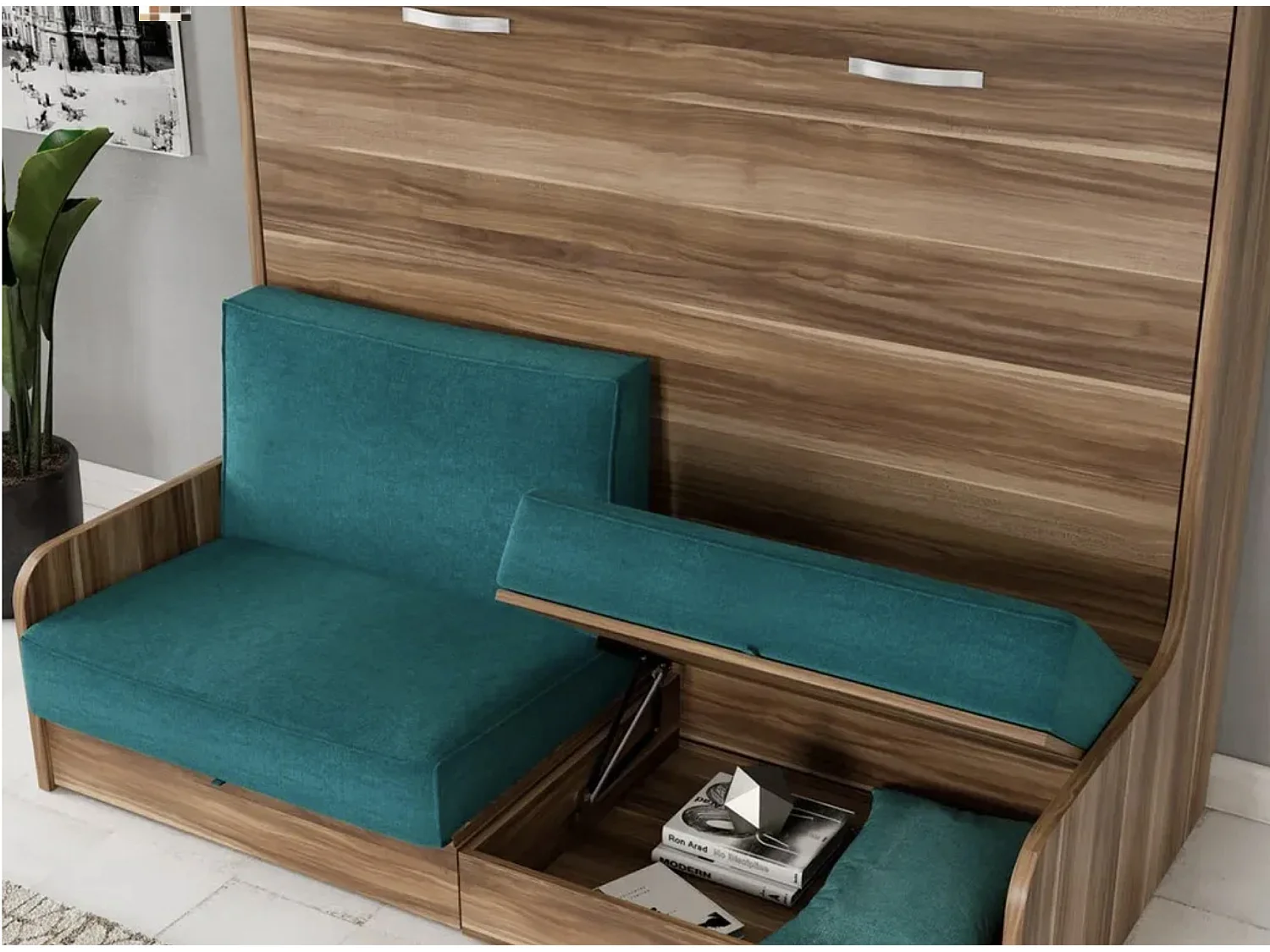 Lit escamotable autoporteur horizontal avec banquette et coffre KALIAN-Avec matelas-140x190-Cadre Blanc-Façade Blanche-Canapé Gris foncé