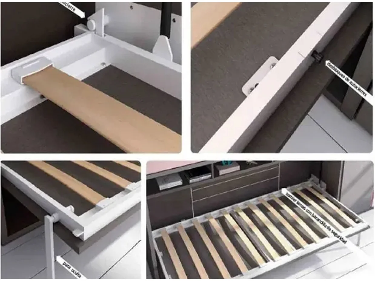 Lit escamotable autoporteur horizontal avec banquette et coffre KALIAN-Avec matelas-140x190-Cadre Blanc-Façade Blanche-Canapé Gris foncé