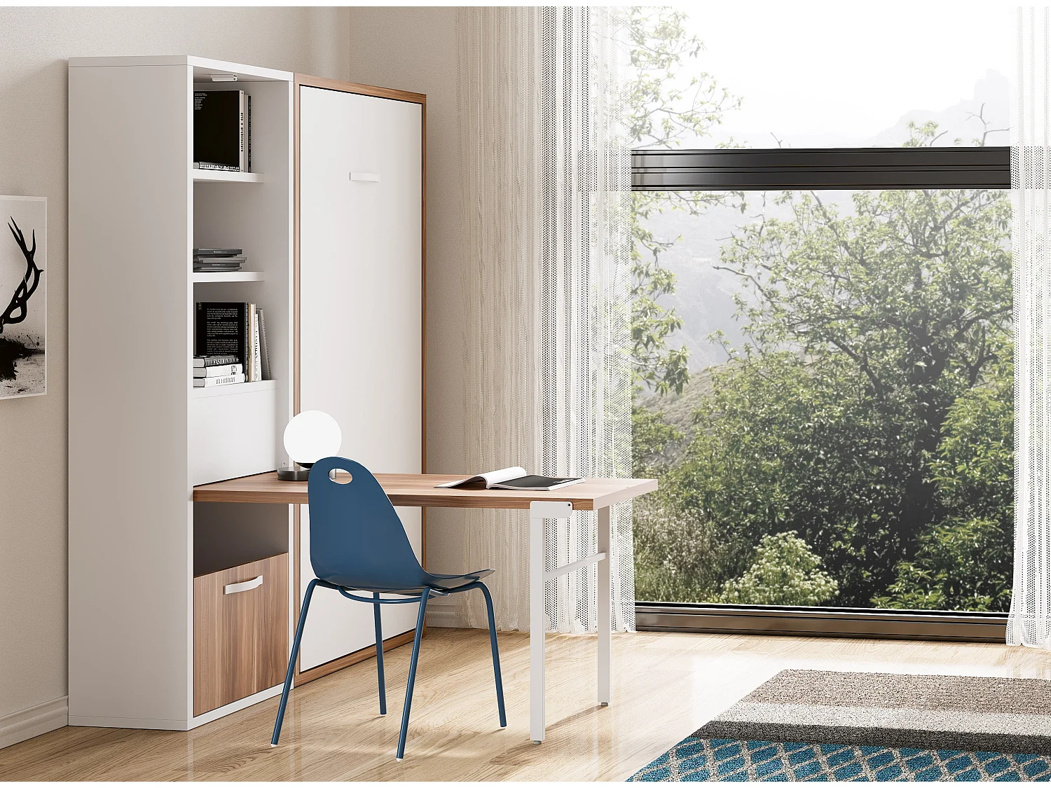 Lit escamotable vertical 140x200 avec armoire et bureau Kampo-Avec matelas-Cadre Cambrian-Façade Cambrian