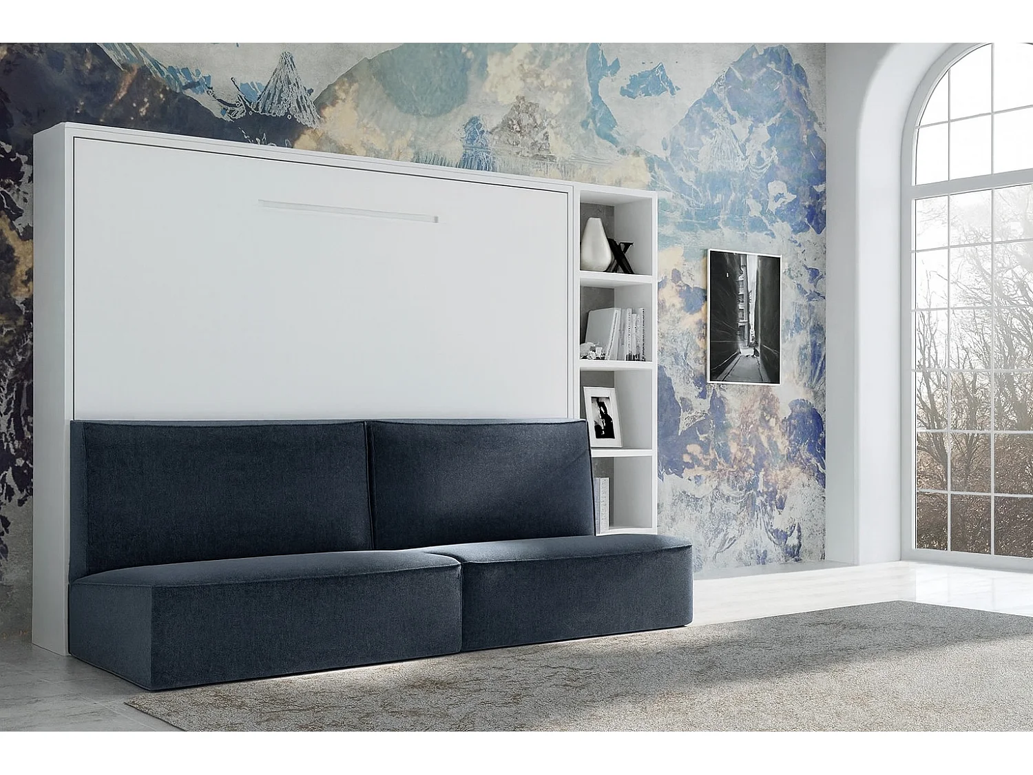 Lit escamotable horizontal LOGIA-140x190-Canapé Bleu marine-Structure Blanche-Version lit+canapé+étagère