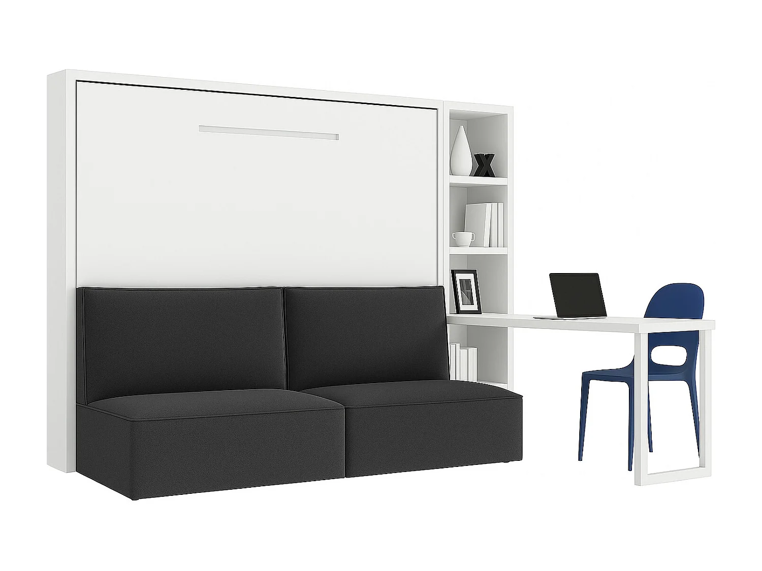 Lit escamotable horizontal LOGIA-160x200-Canapé Gris foncé-Structure Blanche-Version lit+canapé+étagère+bureau
