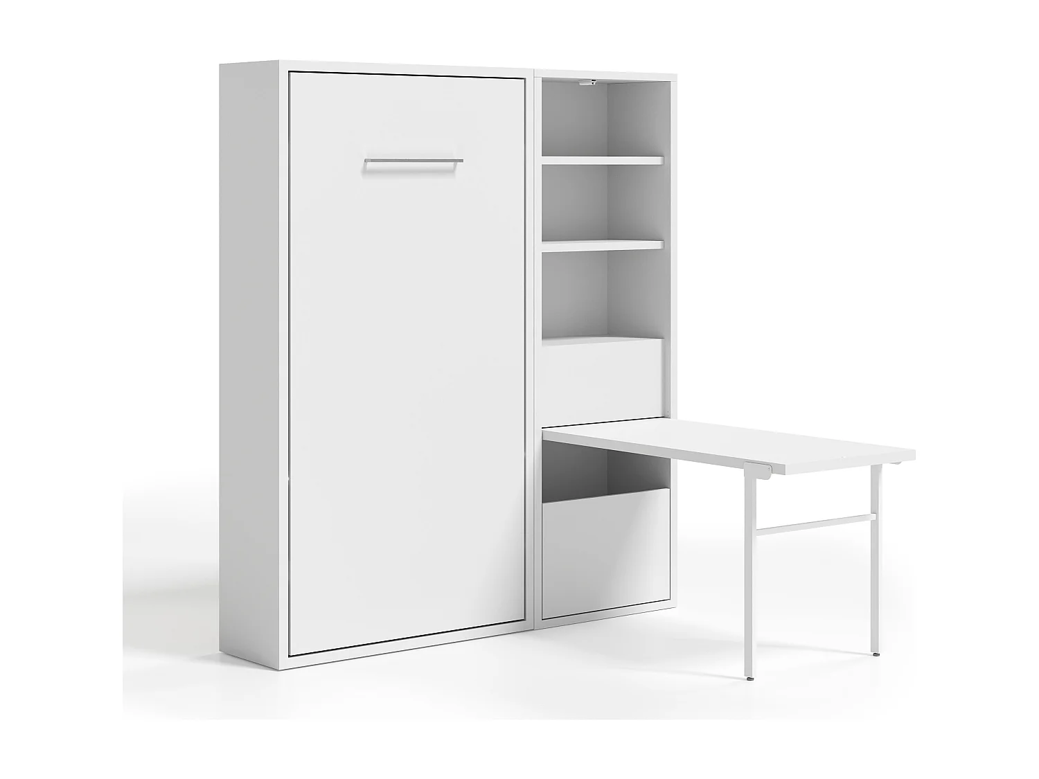 Lit escamotable vertical 160x200 avec armoire et bureau Kampo-Avec matelas-Cadre Blanc-Façade Blanche