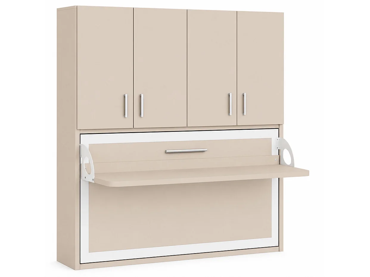 Lit escamotable horizontal bureau et armoire 4 portes SPAKO - Version renforcée – Spécial location meublée-Chêne clair-Avec matelas-140x190-Profondeur 34.5cm