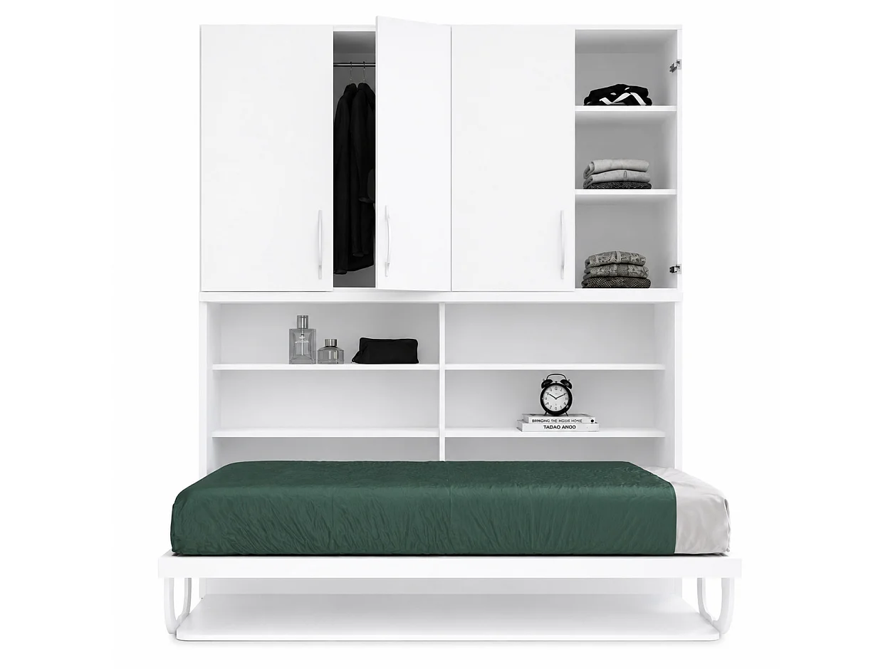 Lit escamotable horizontal bureau et armoire 4 portes SPAKO - Version renforcée – Spécial location meublée-Chêne clair-Avec matelas-140x190-Profondeur 34.5cm