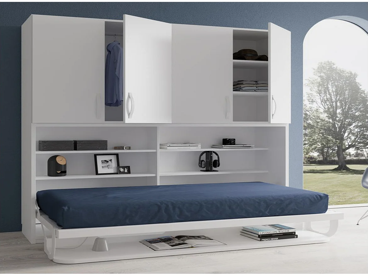 Lit escamotable horizontal bureau et armoire 4 portes SPAKO - Version renforcée – Spécial location meublée-Chêne clair-Avec matelas-140x190-Profondeur 34.5cm