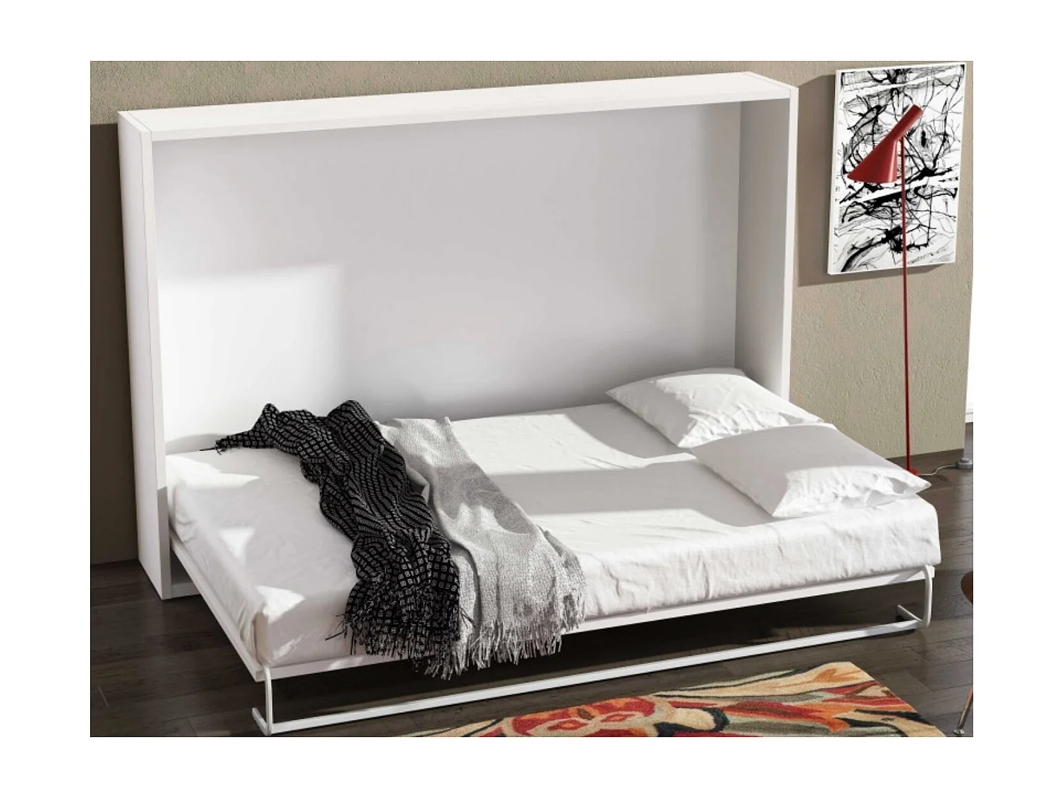 Cama abatible horizontal 140x190 Optima-80x180 cm-Encofrado Blanco-Frente Roble blanco