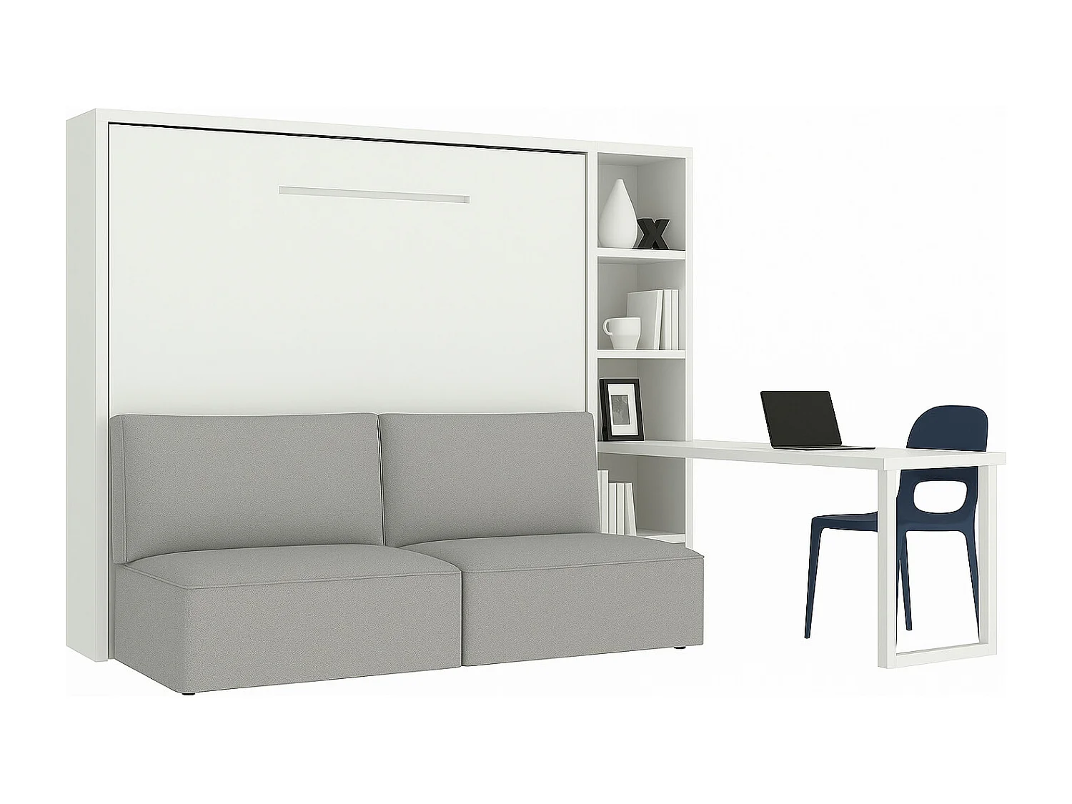 Lit escamotable horizontal LOGIA-160x200-Canapé Gris clair-Structure Blanche-Version lit+canapé+étagère+bureau