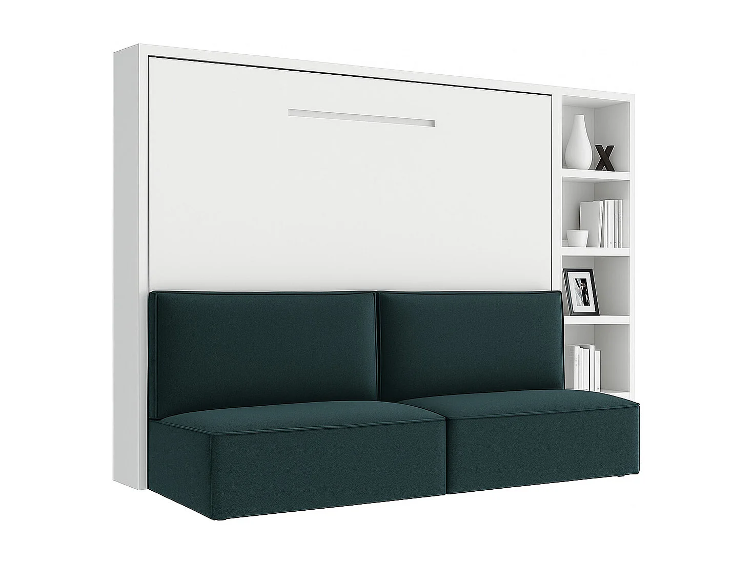 Cama abatible horizontal con banqueta LOGIA-140x200 cm-Sofá Azul pato-Estructura y fachada Blanche-Versión cama+sofá+estantería