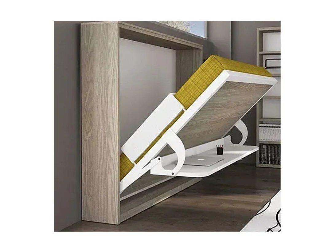 Cama abatible horizontal 90x200 con escritorio y armario de 4 puertas Spako Gama Alta-Blanco-Con colchón-Profundidad 53.5cm