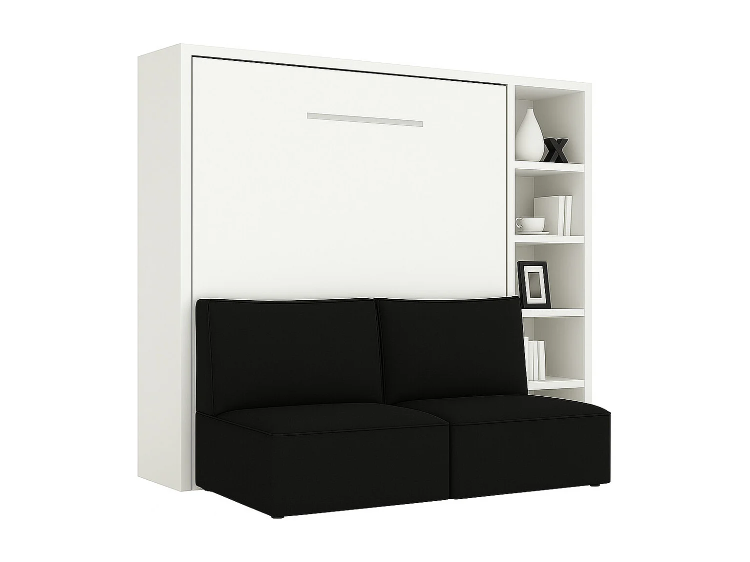 Lit escamotable horizontal LOGIA-140x190-Canapé Noir-Structure Blanche-Version lit+canapé+étagère