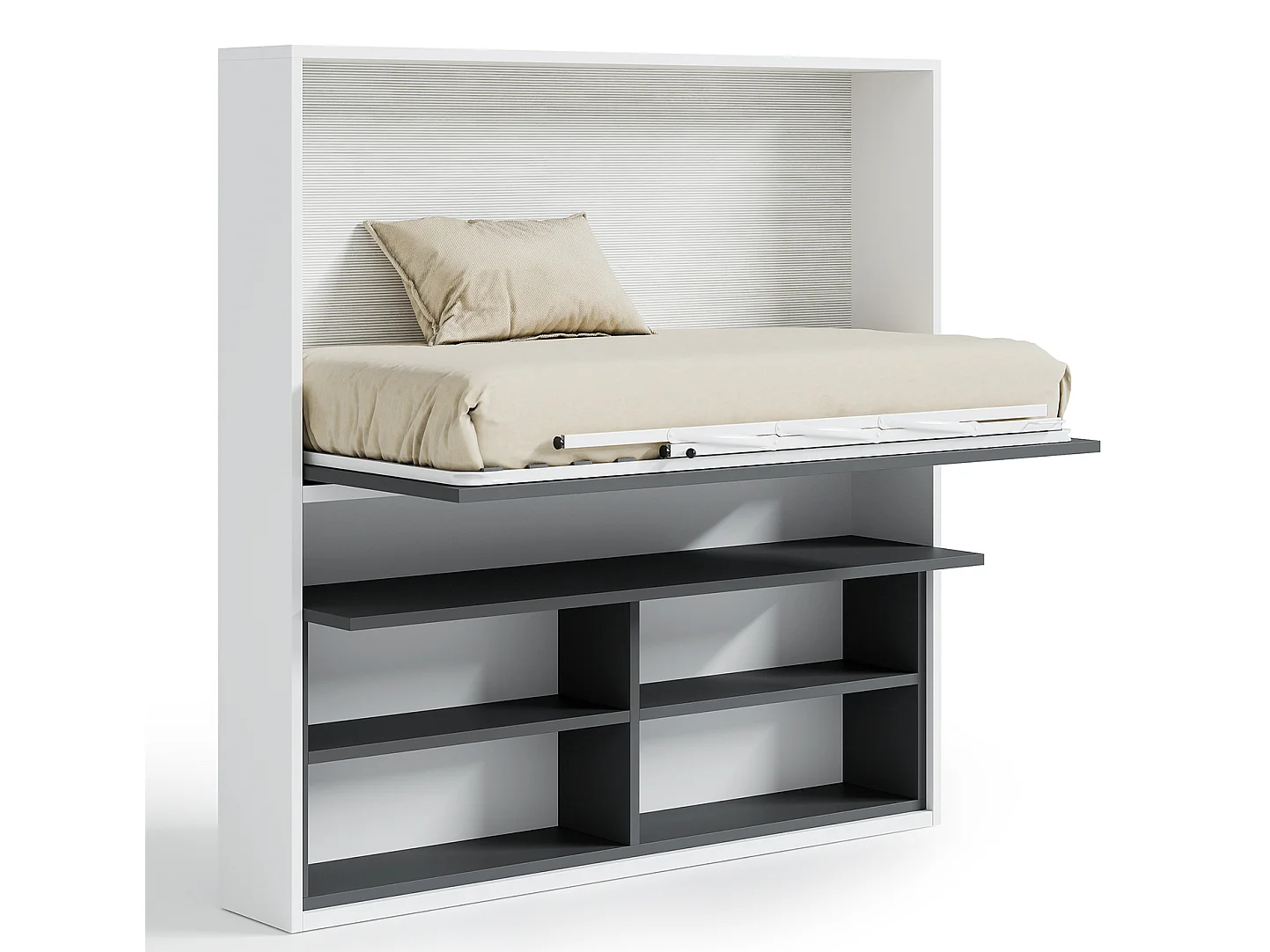 Lit escamotable horizontal 90x190 avec rangement et bureau Laura-Avec matelas-Cadre Noyer-Façade Noyer