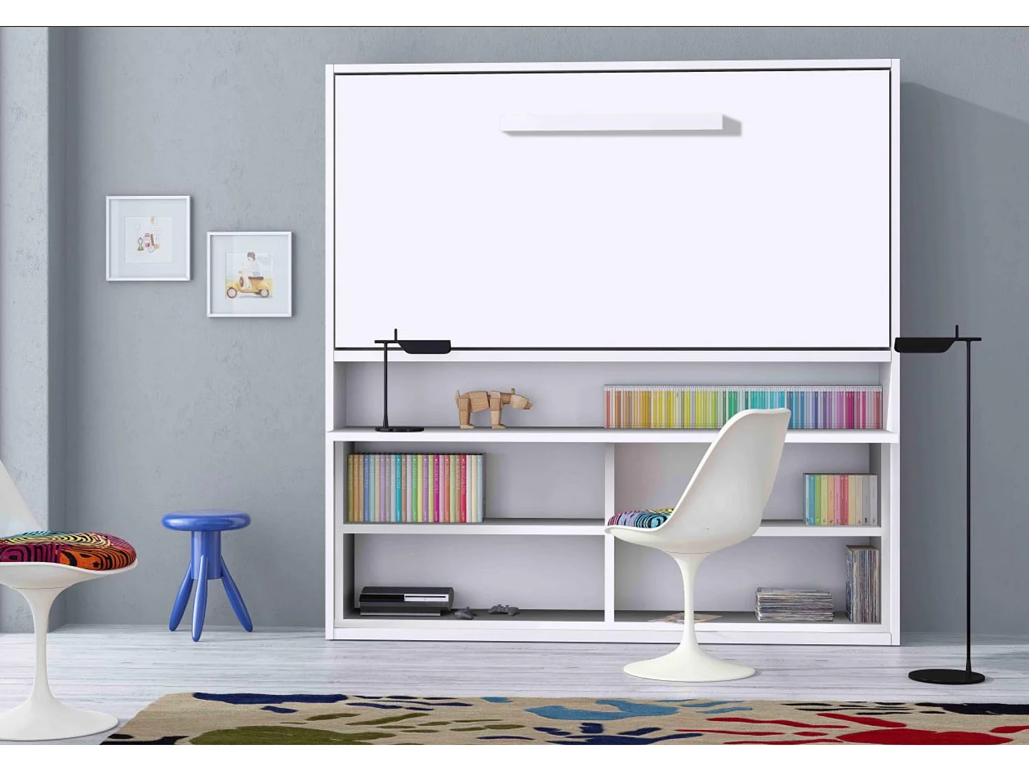 Lit escamotable horizontal 90x190 avec rangement et bureau Laura-Avec matelas-Cadre Noyer-Façade Noyer