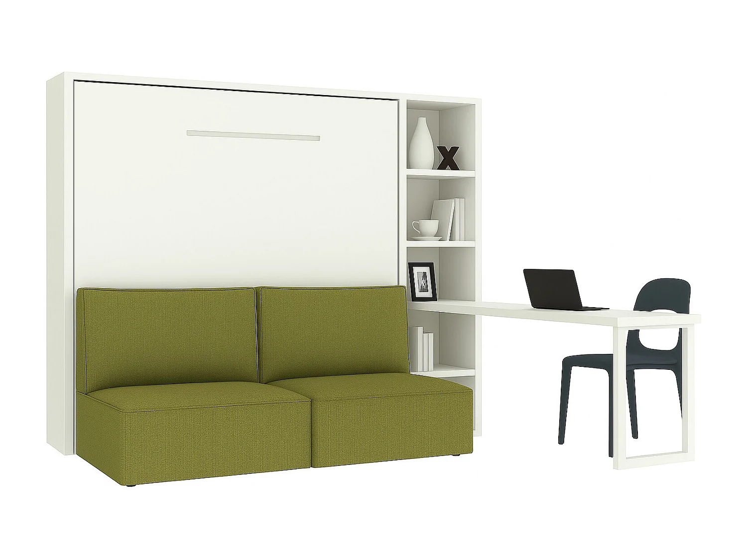 Cama abatible horizontal con banqueta LOGIA-140x200 cm-Sofá Verde pistacho-Estructura y fachada Blanche-Versión cama+sofá+estantería+escritorio