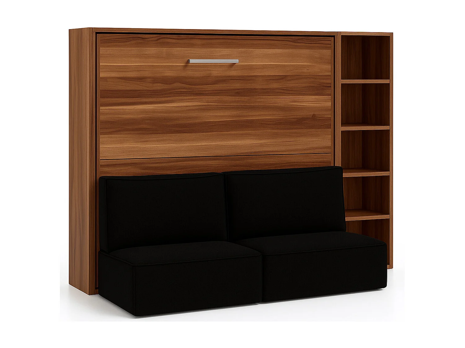 Lit escamotable horizontal LOGIA-140x200-Canapé Noir-Structure Noyer-Version lit+canapé+étagère