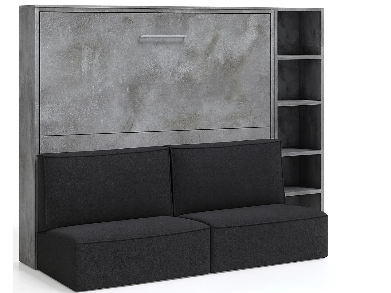 Lit escamotable horizontal LOGIA-160x200-Canapé Gris foncé-Structure Gris ciment-Version lit+canapé+étagère