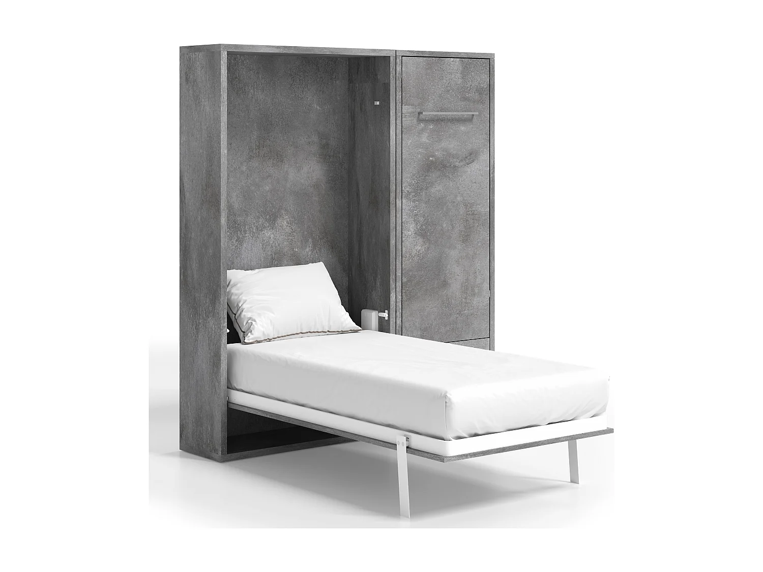 Lit escamotable vertical 120x190 avec armoire et bureau Kampo-Cadre Gris ciment-Façade Gris ciment