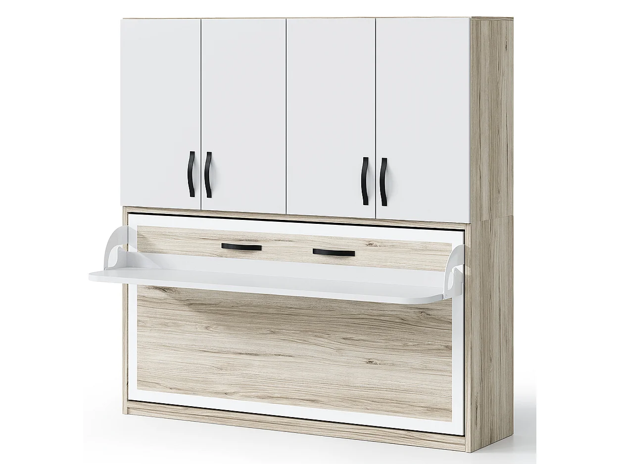 Cama abatible horizontal 90x200 con escritorio y armario de 4 puertas Spako Gama Alta-Gris cemento-Con colchón-Profundidad 34.5cm